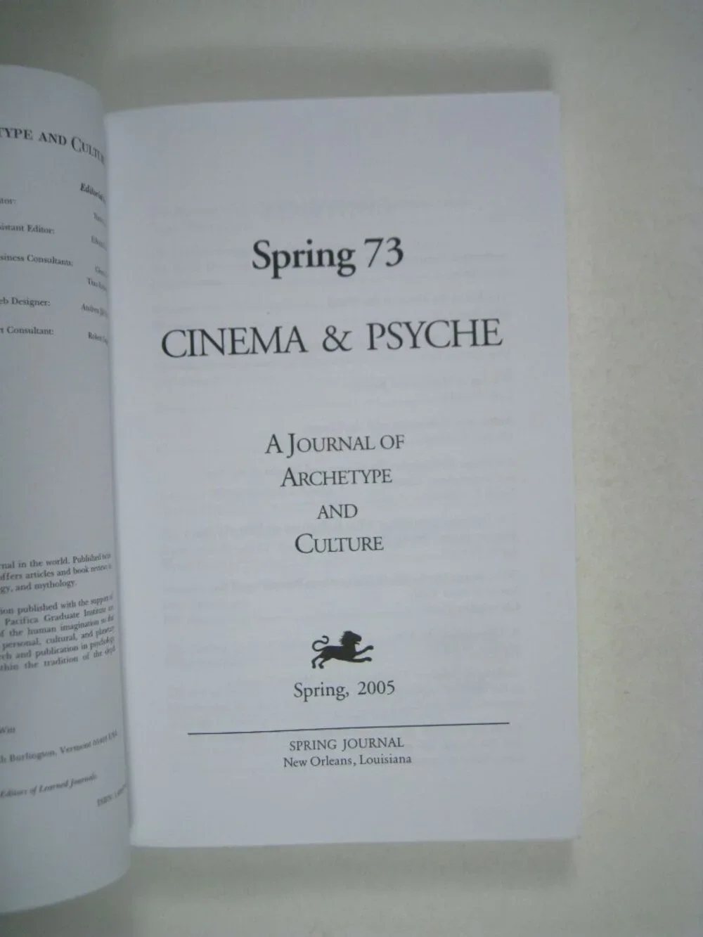 Spring 73 Cinema Psyche Journal Of Archetype Culture 2005 PPB